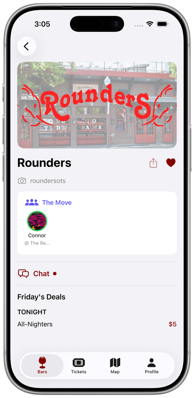 Bar detail — Rounders bar with address, hours, cover, deals